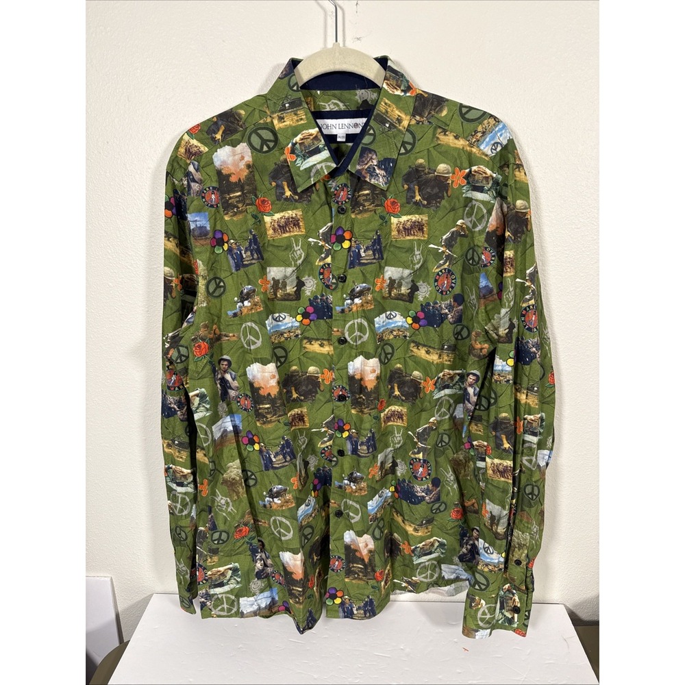 John Lennon Button Down‎ Shirt Vietnam Print Hippy XXL F2
